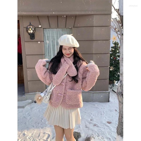 Frauen Jacken Süße Mädchen Rosa Nachahmung Lamm Wolle Baumwolle Mantel Winter Lose Horn Knopf Lange ärmeln Mode Weibliche kleidung