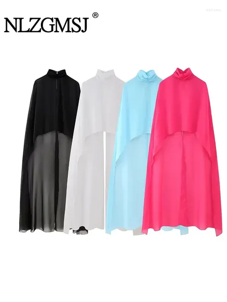 Damenblusen Nlzgmsj TRAF Damenmode Rollkragenkragen Asymmetrische Chiffon-Kittelbluse Weibliches Tüll-Cape-Shirt Blusas Chic Cloak