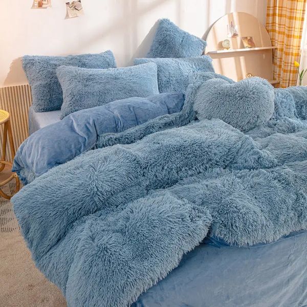 Inverno Caldo Blu Set di Biancheria Da Letto Morbido Peluche Kawaii Visone Velluto Queen Set Copripiumino Lenzuola Federa Singola Doppia Set di Biancheria Da Letto 240202