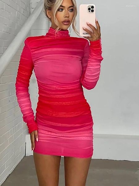 Повседневные платья YUZHEXI, облегающее двухслойное сетчатое мини-платье, женское облегающее платье с длинными рукавами на день рождения, вечерние, прозрачная одежда розового, сиреневого цвета