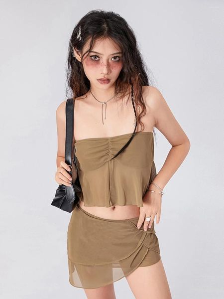 Saias Kimydreama Mulheres 2 Peça Verão Beach Outfits Ruched Malha Strapless Bandeau Tops Irregular Hem Mini Saia Set Streetwear