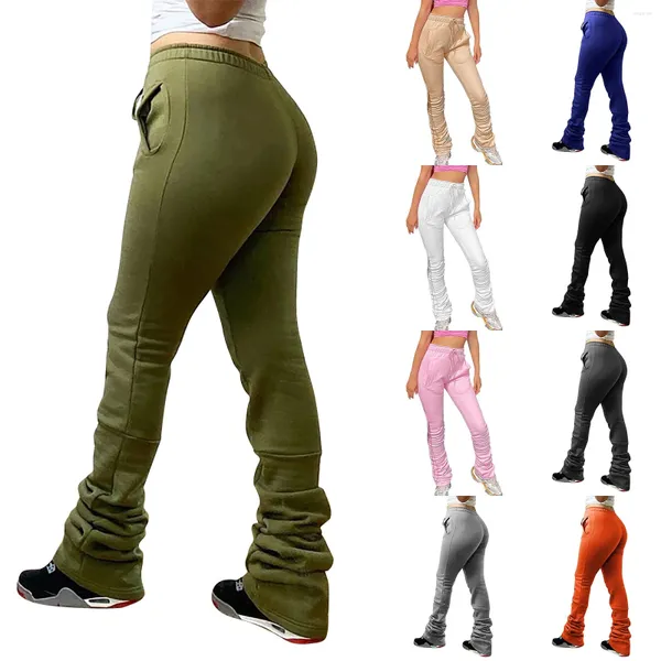 Pantaloni da donna Pantaloni da donna Solido a vita alta con coulisse pieghettata Casual Stack 2xl Abiti da yoga per le donne Pantaloni sportivi Leggings fissi