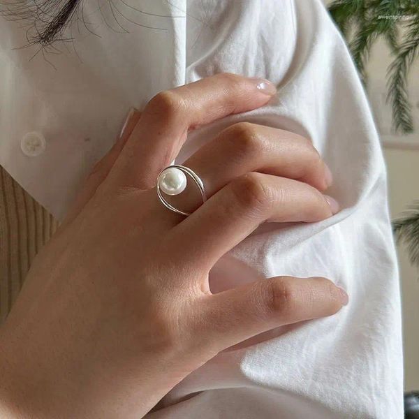 Anéis de cluster elegante real 925 prata esterlina para mulheres jóias finas bonito linha geométrica imitação anel de pérola acessórios femininos