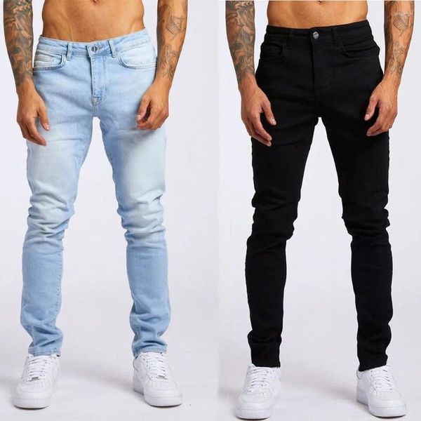 Jeans da uomo Uomo Vita alta Pantaloni a matita tinta unita Tasche in denim Slim Fit Fodero leggero Strech Casual 2024 Primavera Lunghezza caviglia