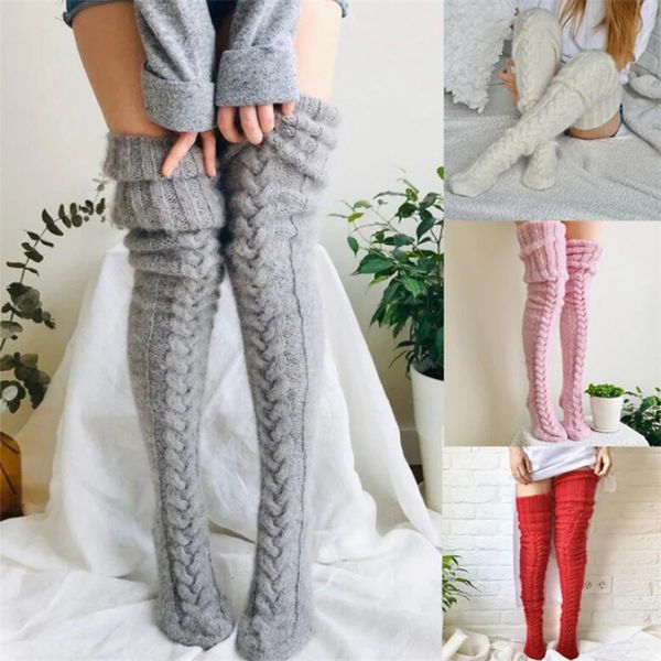 Autunno Inverno Oltre 12 anni Leggings Calzini Scaldamuscoli sopra il ginocchio Calze lunghe spesse in lana lavorata a maglia per ragazze grandi Donne 240129