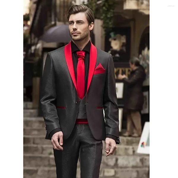 Мужские костюмы, черный мужской свадебный костюм, облегающий красный костюм с шалью и лацканами, брюки для жениха, деловой комплект из 3 предметов, деловой мужской пиджак