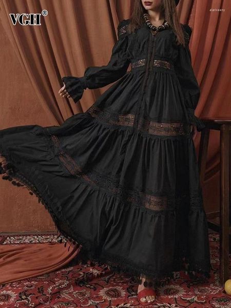 Sıradan Elbiseler Vgh Siyah Vintage Elbise Kadınlar için V Boyun Fener Kılıf Yüksek Bel Dantel Trim Kesim Katı Uzun Kadın Giysileri 2024