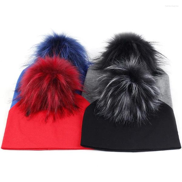 Berets crianças gorro chapéu com pele sintética pompom bonés para inverno outono cor sólida gorros crianças crânio quente