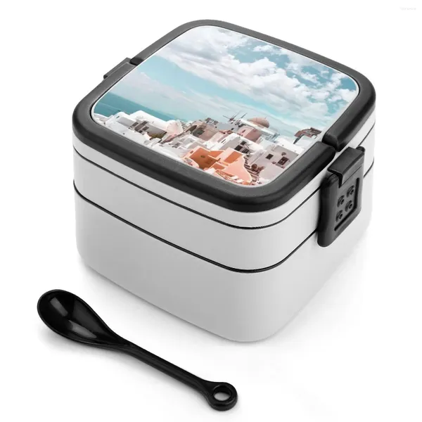 Stoviglie Santorini Oia Grecia Bento Boxes Fibra di grano Materiale Pp A prova di perdite con stoviglie Viaggio sull'isola