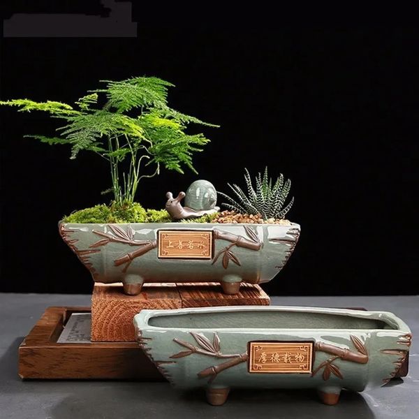 Kreativer Keramik-Vintage-Blumentopf, einfacher Sukkulentenbehälter, grüne Pflanzgefäße, Bonsai-Töpfe, Blumentopf, Heimdekoration 240127