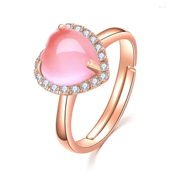 Cluster-Ringe, natürlicher rosa Chalcedon, handgeschnitzter Herzring, Modeboutique-Schmuck, Herren- und Damen-Achatöffnung, verstellbar