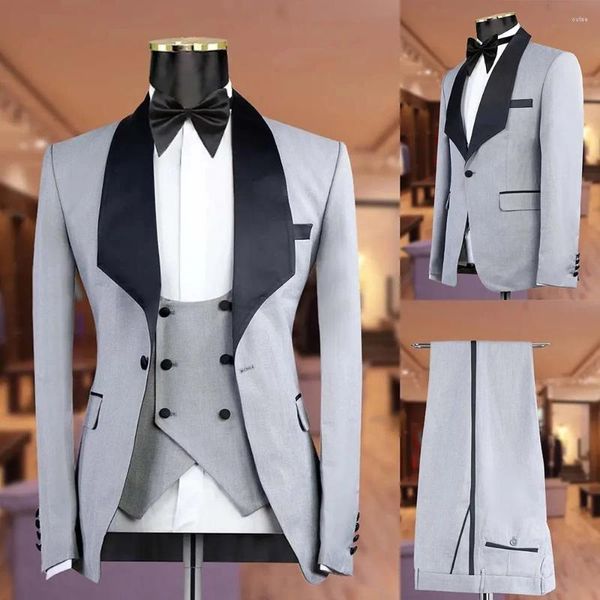 Abiti da uomo Blazer formale Grigio Set completo Scialle nero Risvolto Un bottone Elegante giacca a 3 pezzi Pantaloni Gilet Abbigliamento maschile da sposa