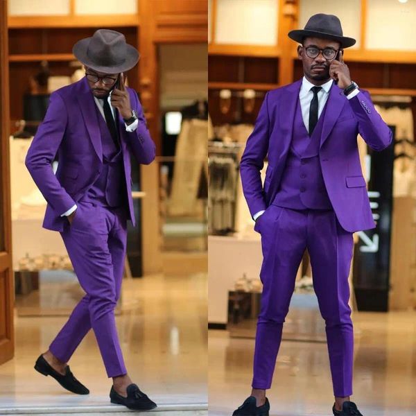 Ternos masculinos roxo terno 3 peças blazer colete calças um botão lapela pico formal negócio fino ajuste casamento noivo traje homme