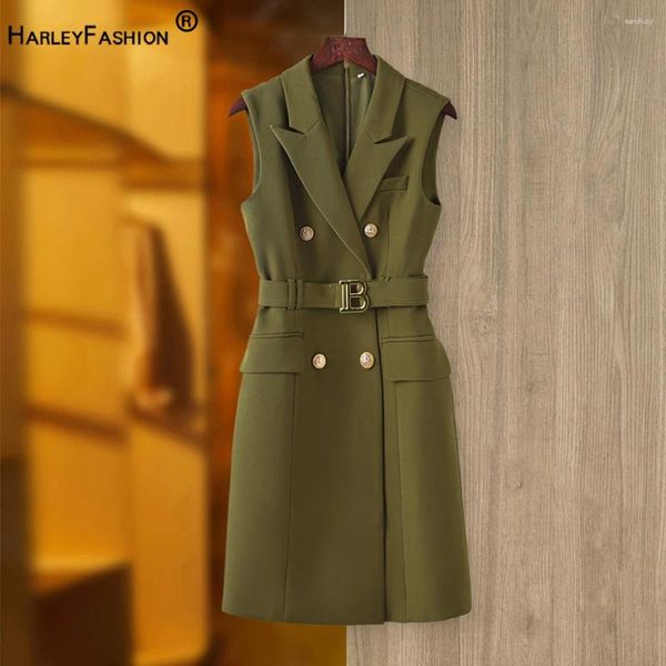 Casual Dresses Britischer Stil Vintage Design Army Green Frauen Sommer Tank Blazer Kleid mit Gürtel ärmellos Qualität Retro weiblich