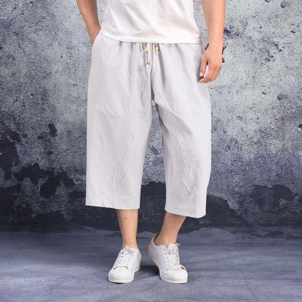 Calças masculinas homens baggy perna larga pendurado virilha hip hop bezerro comprimento meados de ascensão bolsos calças streetwear ao ar livre sweatpants