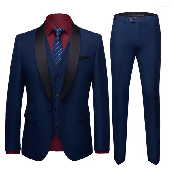 Herrenanzüge Dunkelblau mit schwarzem Schalrevers Männer Kostüm Homme Real Po Prom Smoking Slim Fit 3 Stück Bräutigam Blazer Terno Masuclino