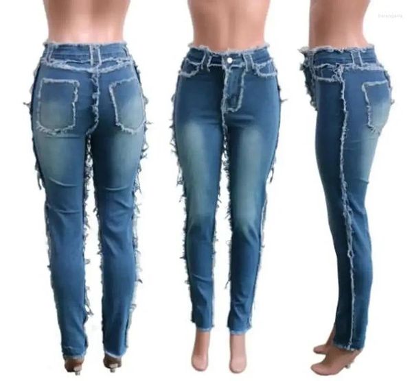 Calças femininas de lã branca franjas jeans sólidos sexy retalhos lápis pés bolso cintura alta escovado calças finas plus size