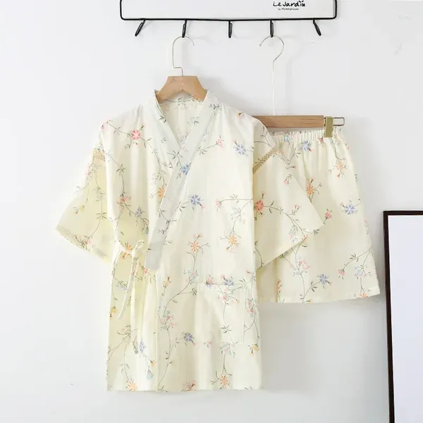 Damen-Nachtwäsche, japanische Kurzarm-Shorts, Damen-Pyjamas, Gaze-Baumwoll-Kimono, süße Pyjama-Sets mit V-Ausschnitt, Bademantel