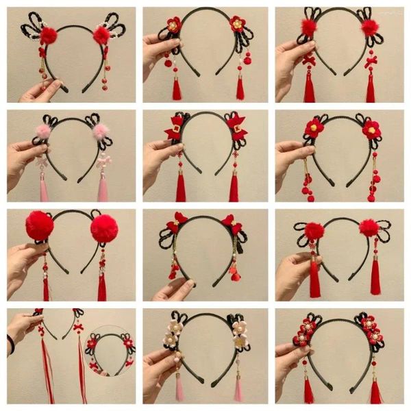 Accessori per capelli Bambini Parrucca stile antico Fascia per capelli Fiore Nappa Hanfu Sticks Tang Suit Hoop Ragazze Peluche Fiocco rosso Fascia per capelli