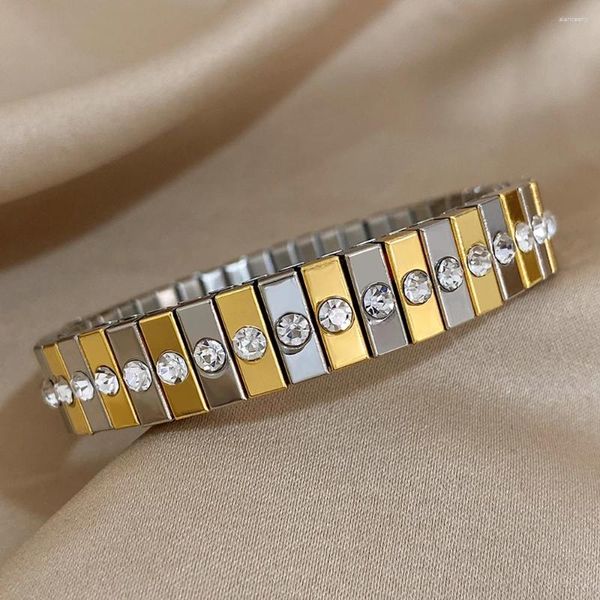 Bracciale AENSOA grosso rettangolo geometrico elasticità intarsio zircone bracciale in acciaio inossidabile per donna gioiello da polso impermeabile spesso