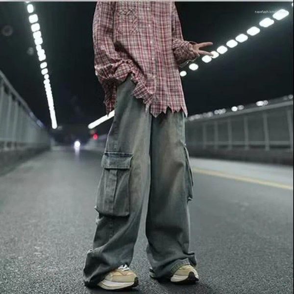 Jeans masculinos japoneses pernas largas duplo bolso tridimensional y2k outono inverno retro para fazer calças de carga de lavagem antiga homens