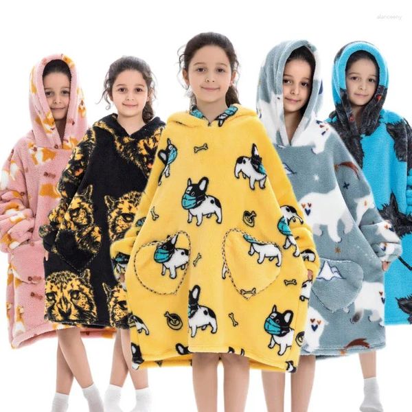 Felpe con cappuccio da donna per bambini, calda, spessa, indossabile, oversize, coperta, per l'inverno, in poliestere gigante con maniche, stampa animalier dei cartoni animati