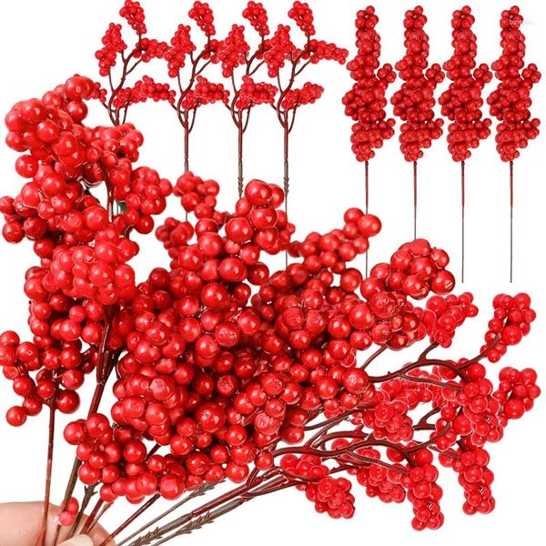 Dekorative Blumen 1/10PCS Weihnachten Simulation Schaum Rote Beere Künstliche Spieße Für Baum Ornamente DIY Handwerk Girlande Dekoration