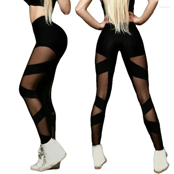 Leggings da donna a vita alta da donna con cuciture a rete pantaloni sportivi incrociati sexy discoteca da ballo elastica per yoga trasparente