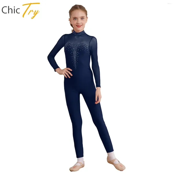 Bühnenkleidung Kinder Ballett Skating Unitard Für Mädchen Bodysuit Sheer Mesh Langarm Strass Catsuit Kinder Gymnastik Overall Dancewear