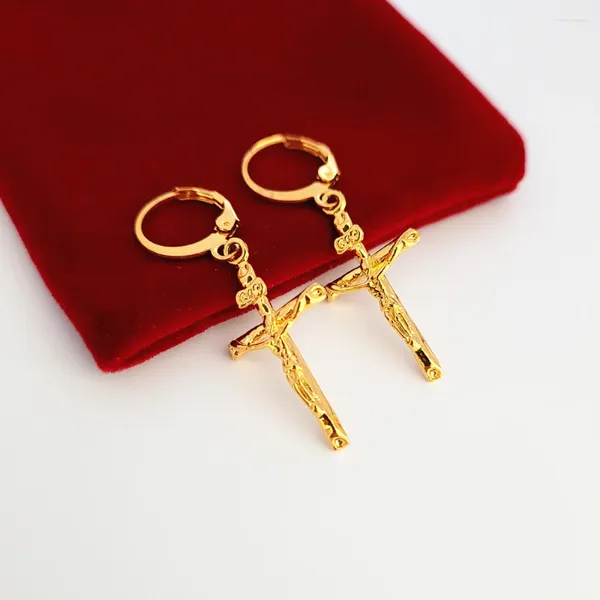 Orecchini pendenti in oro giallo per le donne Gesù Croce Drop Earing Hoop Pendientes Mujer Brincos Femme Gioielli di alta qualità Bijoux