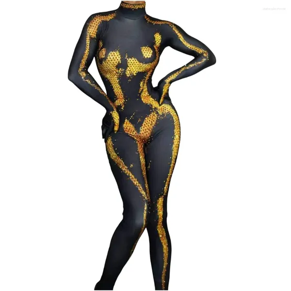 Bühnenkleidung Gold Silber Strass Shinning Jumpsuits Stretch Dance Kostüm Geburtstag Frauen Pole Bohren Sänger Groop Drag Bodys