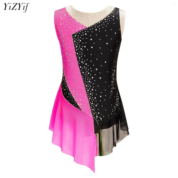 Bühnenkleidung Kinder Mädchen Strass Sheer Mesh Splice Ballett Gymnastik Trikots Eiskunstlauf Body Ballerina Modern Dance Kostüm