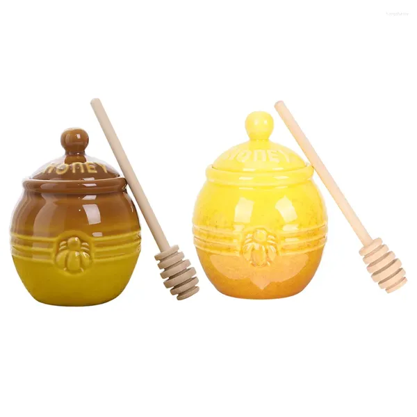 Set di stoviglie 2 set di vasetti con coperchio in barattolo porta miele e contenitore in ceramica con asta di agitazione