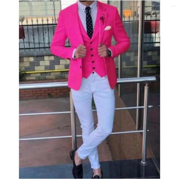 Ternos masculinos moda rosa vermelha jaqueta colete calça branca traje homme fino ajuste masculino smoking noivo casamento terno masculino 3 pçs blazer