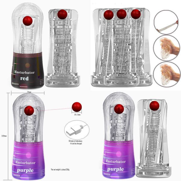 Masturbatori giocattolo del sesso maschile Ricaricabili 10 Frequenza variabile Burst Shot Ball Crystal Airplane Cup Pene Training Masturbatore maschile multicanale