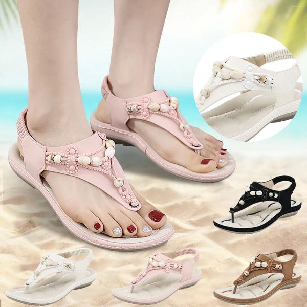 Sandálias Verão Moda Mulheres Casual Open Toe Flat Rhinestone Soft Bottom Respirável Womens Dressy Cute