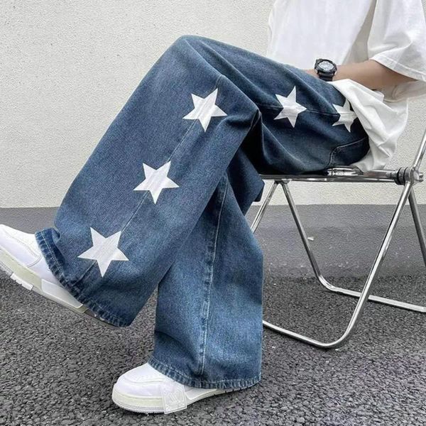 Jeans masculinos homens perna larga reta solta estrela impressão comprimento total cor sólida bolsos botão fecho de zíper macio retro calças longas