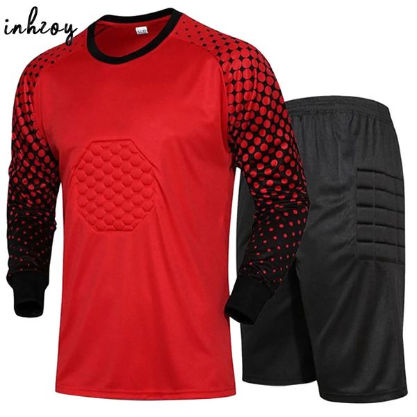 Homens futebol goleiro uniforme outfits futebol goleiro jerseys manga longa camiseta acolchoada shorts de proteção calças conjunto esportivo 240129