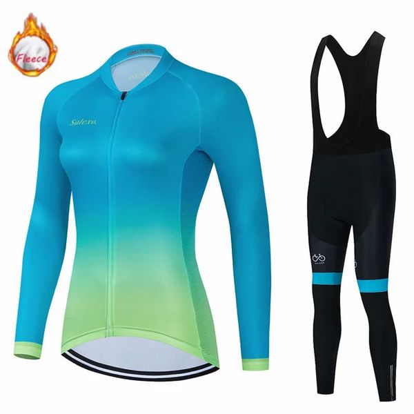 2023 mulheres inverno velo térmico roupas de ciclismo manga longa camisa terno triathlon equitação ao ar livre bicicleta mtb conjunto 240131