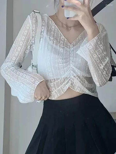 Blusas femininas rendas colheita topo moda coreana manga longa senhoras elegante chique preto t camisa feminina verão casual protetor solar blusa mujer