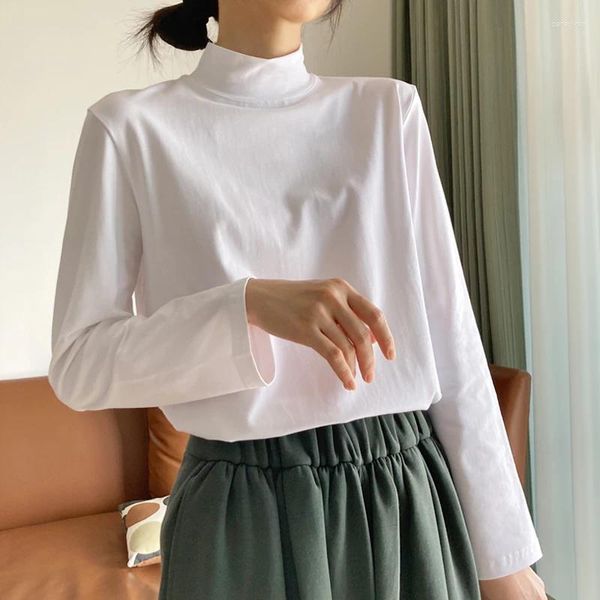 Mulheres camisetas Coreano Branco Gola Feminina Camisetas Primavera Outono Moda Elegante Mulheres Sólidas Camisa de Manga Longa Slim Casual Básico Tee