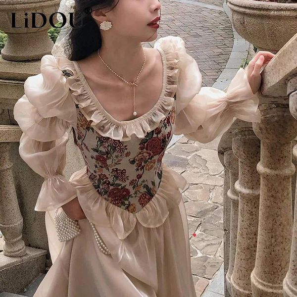 Casual Kleider Frühling Sommer Vintage Mode Gedruckt Patchwork Prinzessin Kleid Weibliche Puff Langarm Rüschen Süße Dame Elegante Robe