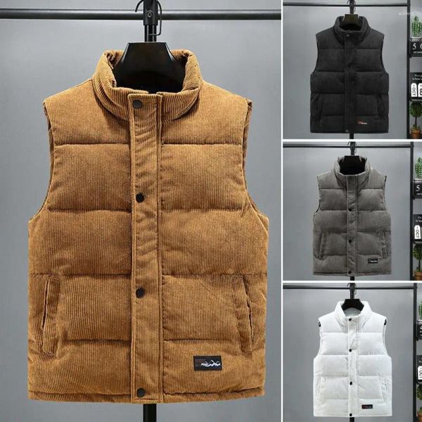 Gilet da uomo Uomo Autunno Inverno Gilet Colletto alla coreana Protezione del collo Senza maniche Imbottito ispessito Colore puro Tasche monopetto Cardigan W