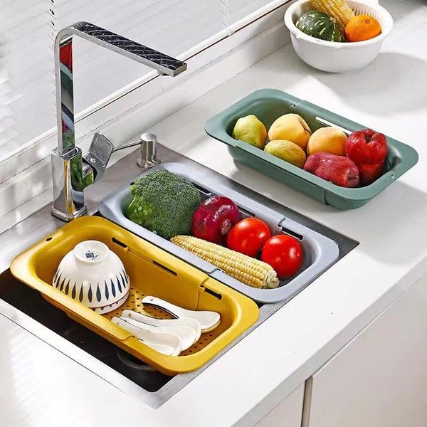 Küche Lagerung 2pc einziehbare verschiedene Farbe Drain Rack Tasche Obst und Gemüse Korb Waschbecken