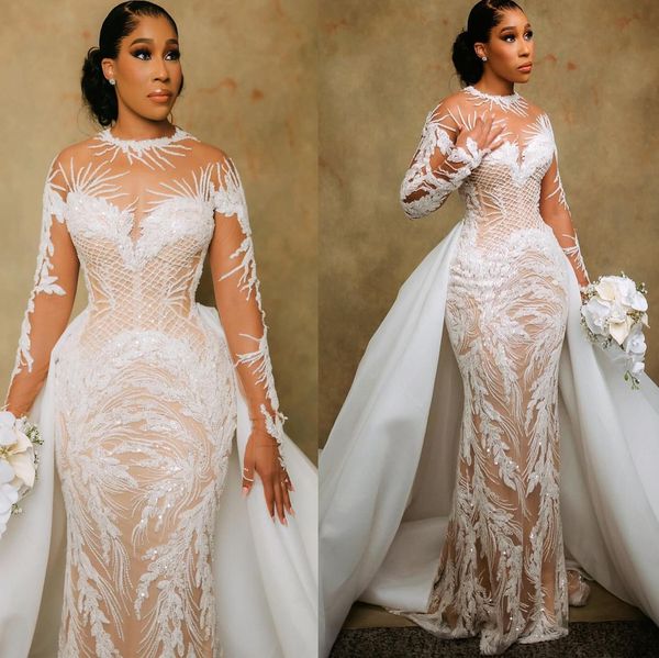 2024 Arabo Aso Ebi Plus Size Illusion Sirena Avorio Abito da sposa In rilievo Paillettes Abiti da sposa in pizzo Abiti ZJ033