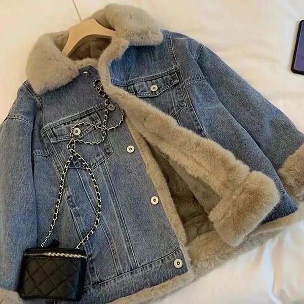 Vintage einfarbig Jeans Jacke Frauen Herbst Und Winter Lamm Wolle Lose Plüsch Dicken Denim Mantel weibliche Casual oberbekleidung R461 240125