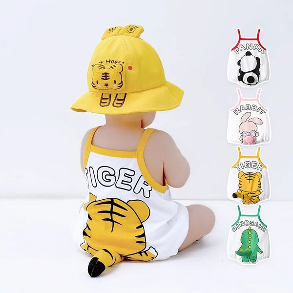 Kawaii verão roupas de bebê bodysuit menino menina infantil dos desenhos animados coelho panda dinossauro sem mangas nascido macacão macacão do bebê 240118