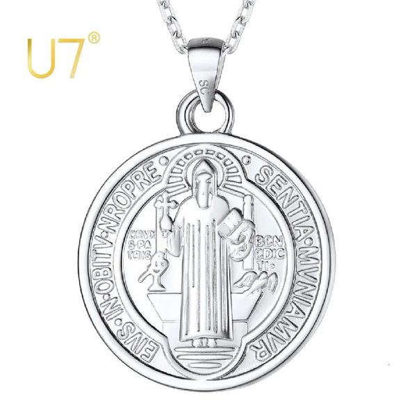 U7 925 Colar de prata esterlina Saint Benedict Colar Dainty Chain Medalha Sacramental Pingente Jóias Religiosas Católicas Unissex 240123