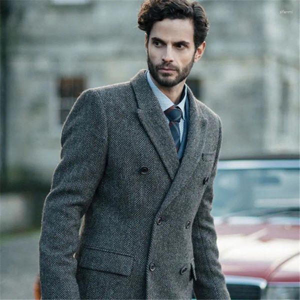 Abiti da uomo 2024 Inverno Smoking Grigio Tweed Abito da uomo Slim Fit 2 pezzi Doppio petto Smoking Sposo Matrimonio personalizzato Giacca masculino