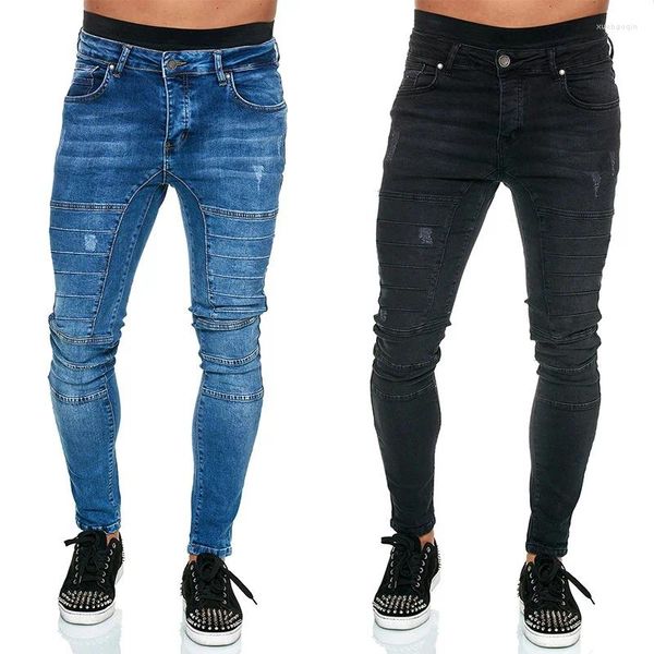 Мужские джинсы, мужские брюки-карандаш длиной до щиколотки, брюки со средней талией и карманами, сращенные в байкерском стиле, облегающие брюки, легкая растяжка, весна 2024 г.